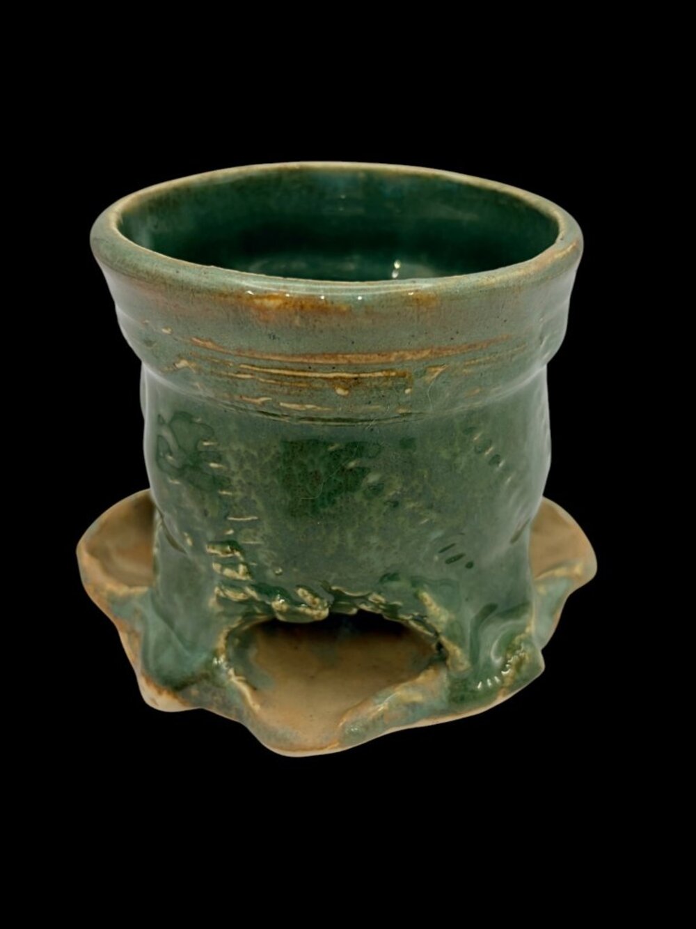Signed MF Handmade Green Glazed Ceramic Planter Rustic Footed Studio Pottery 4.5 - Picture 3 of 9